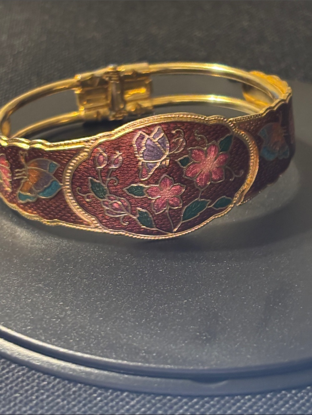 Gold-Tone Floral Cloisonné Hinged Bracelet in Brown Pink and Green - Picture 13 of 17